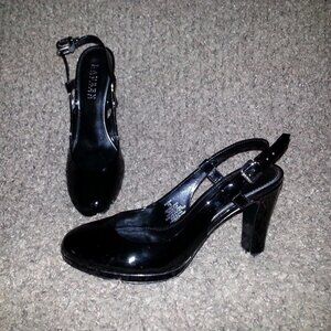 LAUREN by Ralph Lauren-Maegan-Black Patent Leather Slingback Heels-Size 7B-NWOB